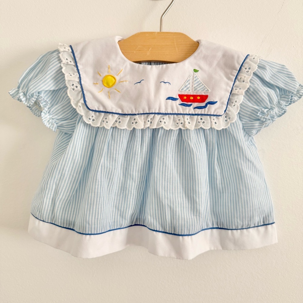 Vintage Blue Striped Kids Top with Sailboat Embroidery Design
